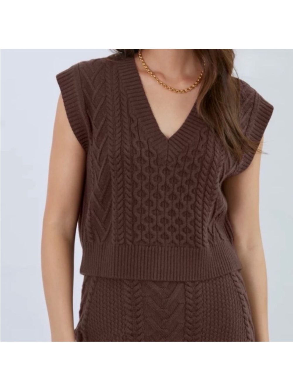 Babaton Chocolate Brown Cable-Knit V-Neck Sweater Vest